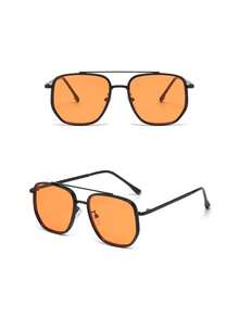1pc Retro Square Frame Double Bridge Women's Glasses, Fashionable High-End Street Style Eyewear - Black Frame Orange Lenses - View 4
