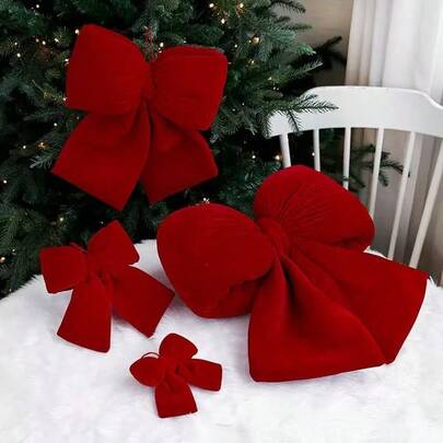 Christmas Fence Staircase Railing Fireplace Decor Velvet Bow Xmas Tree Ornament, Red Christmas Tree Bow Home Decor, Christmas Decoration For Room, Winter Holiday Decor, Christmas Gift