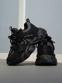 Kids' Fashion Sneakers, Low-Top Mesh & Faux Leather, Breathable & Comfortable, Shock-Absorbing Running Shoes, Striped & Random Patterns, Hook And Loop & Lace Closure, Suitable For Outdoor Activities, All Seasons, Casual & Hiking, Ages 14 & Under - Black - View 7