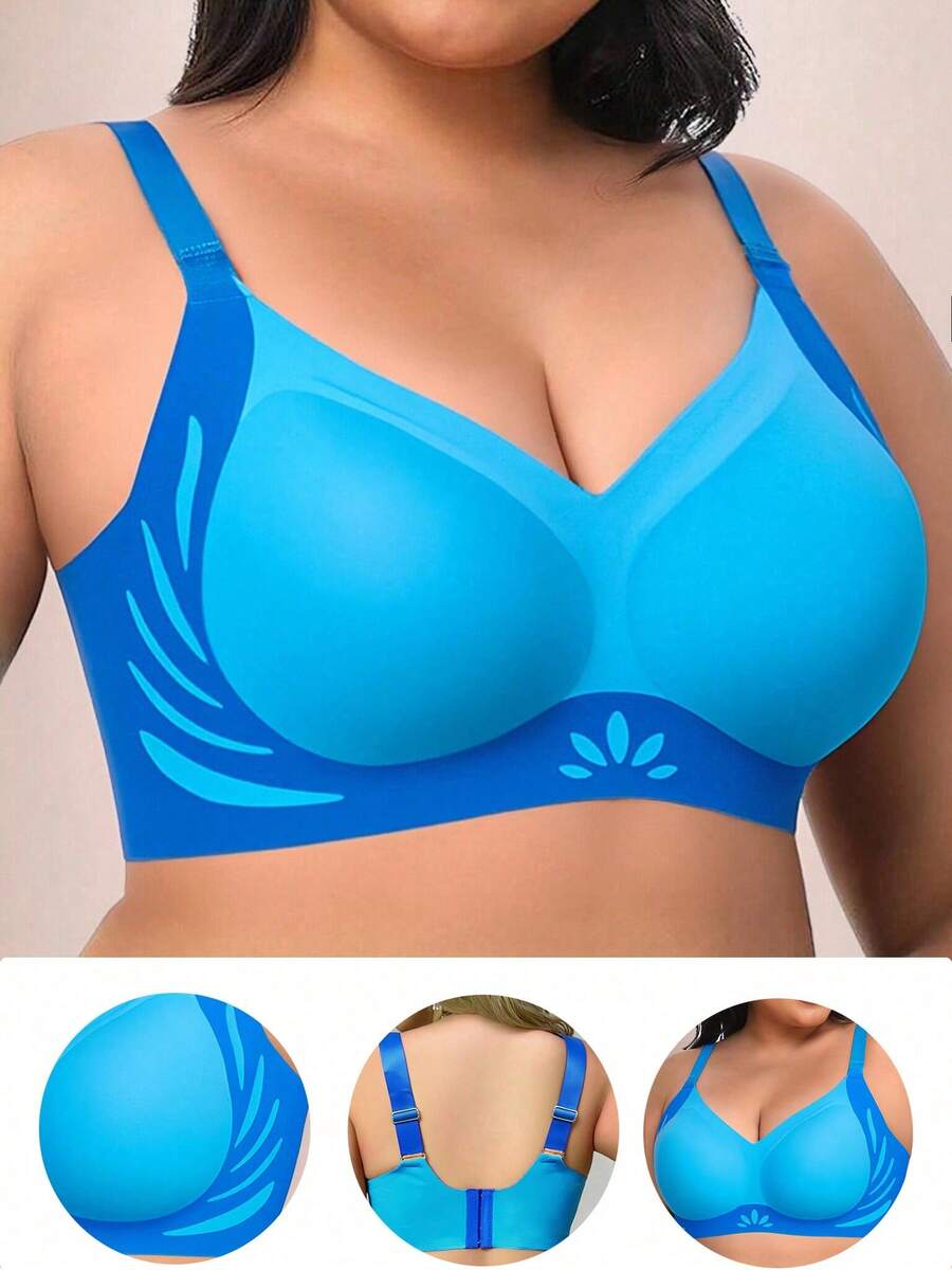 1pc Seamless Contrast Color Lift Wireless Plus Size Bra With Lift And Side Support, European Style - Blue - View 1