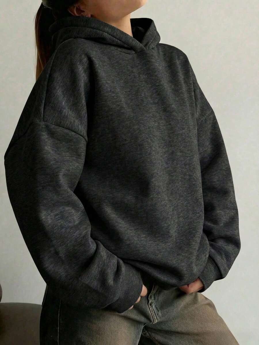 简约设计，女士舒适宽松长款纯色卫衣，适合秋冬季节，衣橱必备，休闲日常穿着，办公休闲皆宜，显瘦休闲上衣，柔软舒适，度假必备，女士春冬服装，女士外套，时尚百搭，女士卫衣，深灰色 - 深灰色 - 查看 1