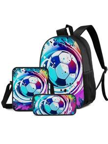 3pcs Boys' Backpack Set - Football Pattern Fabric, Large Capacity Multi-Function Zipper Closure, Casual Schoolbag, Suitable For Daily Use And Travel