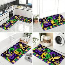 Mardi Gras Kitchen Mat - Colorful Jester Mask & Fleur-De-Lis Pattern, Purple Beads & Triangular Design, Non-Slip Washable Floor Mat For Kitchen Countertop Area, Fits White Tiled Floors - Idea - Multicolor - View 5