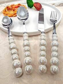 2/4/12/24pcs Set Exquisite Pearl-Shaped Stainless Steel Silverware Set, Includes Ceramic Handle Dinner Knife, Dessert Spoon, Fork And Soup Spoon - Unique Elegant Kitchen Tools And Accessories, Suitable For Restaurant And Home Daily Dining - Gold - View 5