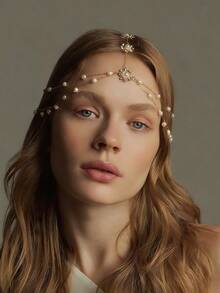 1件新款多层珍珠发链，时尚欧美风花朵头饰发饰，准新娘，女士发饰 - 金色 - 查看 1