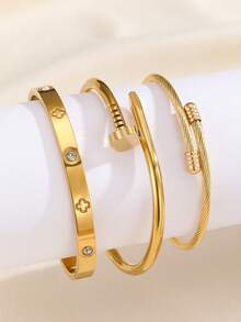 3pcs /1set Fashionable Stainless Steel High Quality Flower Zirconia Teen Nail Bangle Bracelet Jewelry Set, Suitable For Daily Wear - Multicolor - View 4