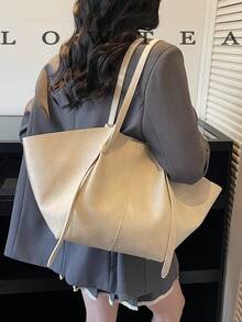 low tea 2pcs Solid Color PU Leather One Shoulder Bag Women Casual Large Capacity Tote Bag, Book Bag With Double Handles And Snap Closure, Suitable For Travel, Shopping, Dating, Women's Gift, Suitable For Teenage Girls, College Students, Beginners And White-Collar Workers, Ideal For Office, School, Work, Business, Commuting, Outdoor, Travel, Picnic - White - View 5