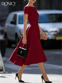 DONICY 女士酒红色圆领短袖系腰A字中长连衣裙，春夏新款时尚优雅连衣裙，适合情人节约会、婚礼宾客、派对、嘉年华等场合 - 酒紅色 - 查看 6