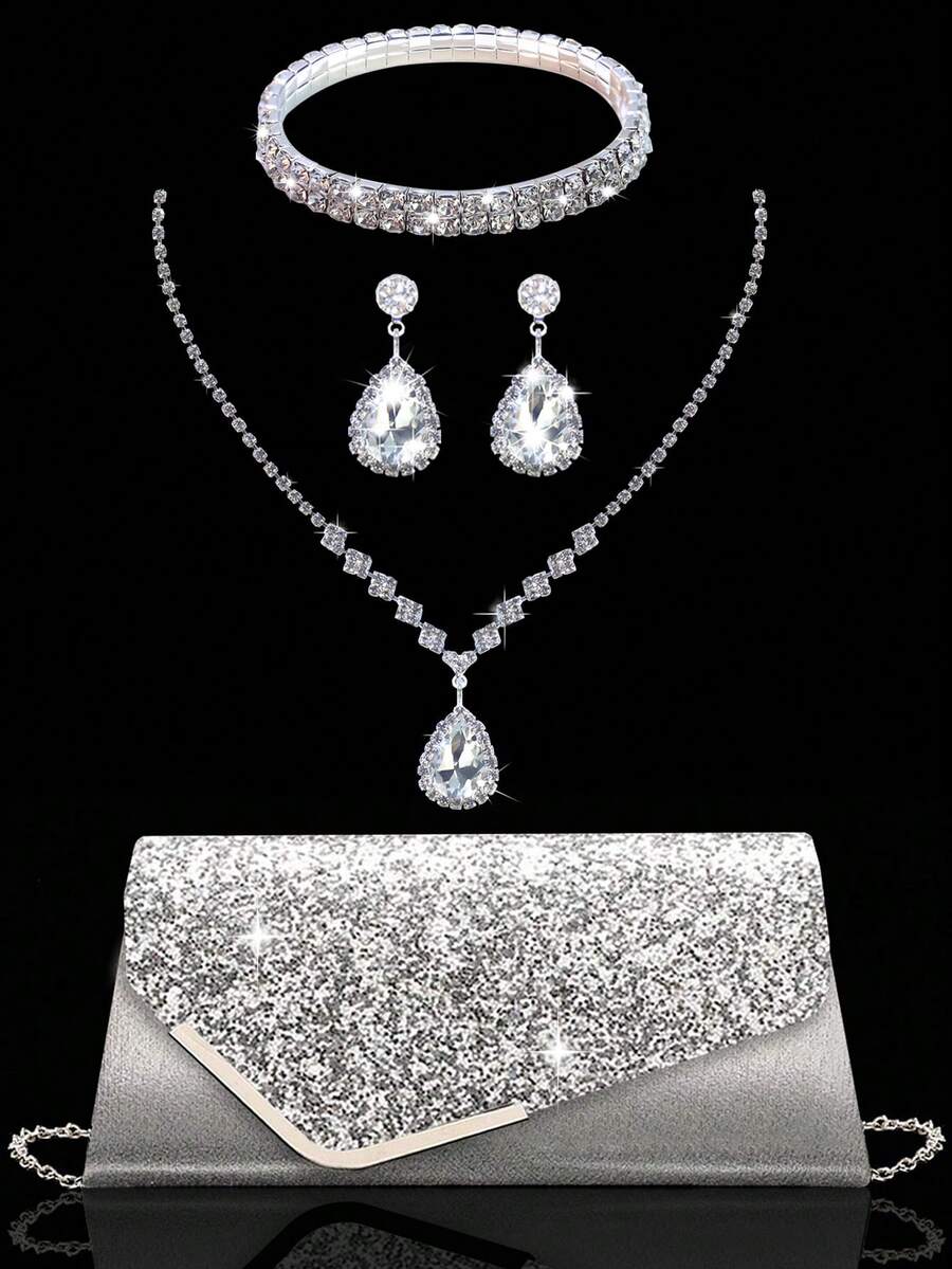 Luxury Sparkling Sequin Evening Clutch Handbag, Elegant New Women's Party Bag And Wedding Bag, Paired With A Sparkling Three Pieces Rhinestone Set, Including A Rhinestone Necklace And Earrings, Matching A Bride's Sequin Wedding Dress Or A Party Sequin Evening Gown, Suitable For Parties, Dinners, Weddings, And Gatherings. - Silver - View 1
