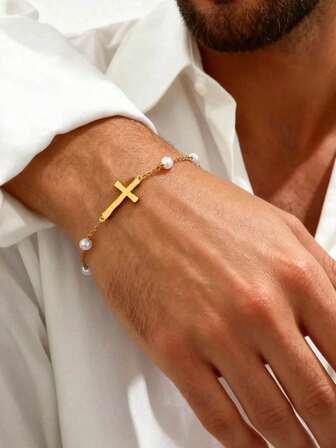 New 14K Gold Plated Stainless Steel Cross Bracelet For Men, With Faux Pearl Decor - Handmade, Random Pearl Quantity, Suitable For Daily Wear And Gift, Elegant Bracelet, Durable Bracelet