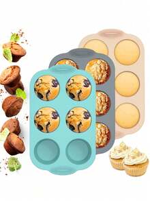 1pc Silicone Muffin Baking Pan, 6-Cup Non-Stick Heat Resistant Muffin Baking Mold, 3 Colors - Multicolor - View 3