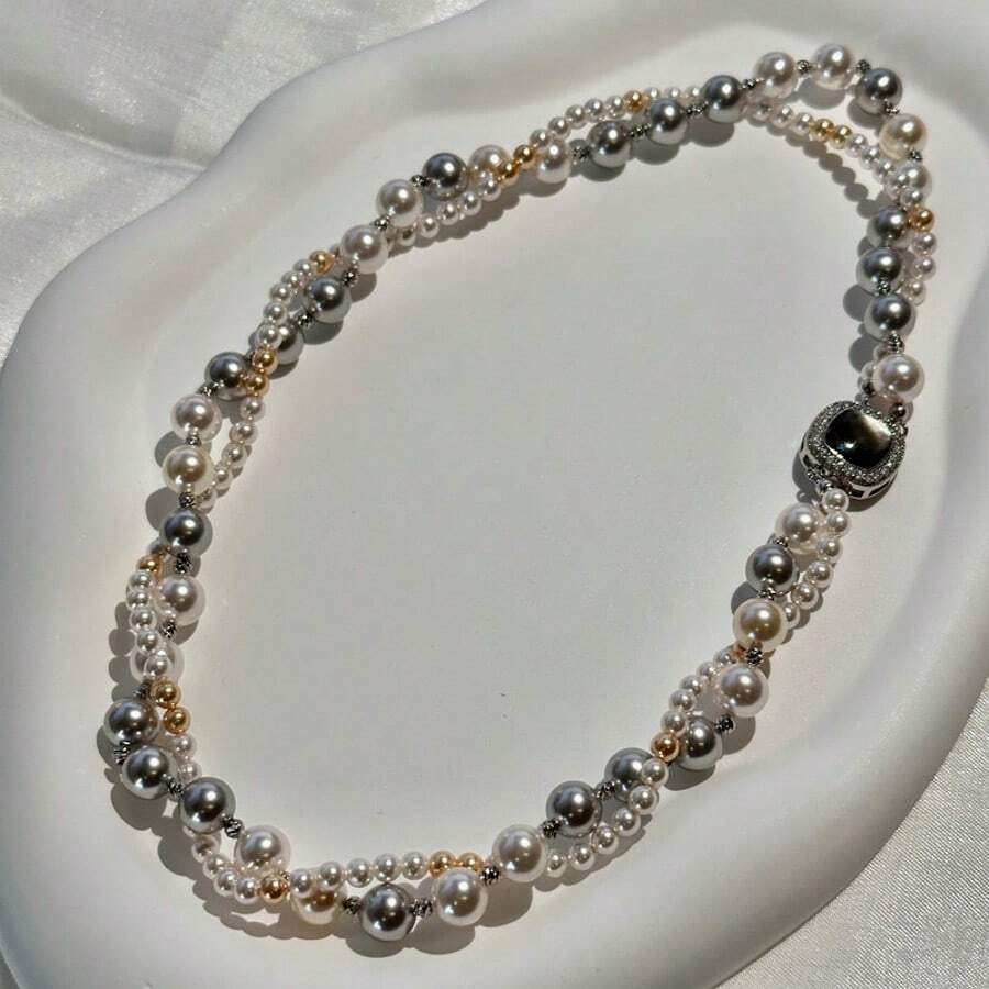 1件时尚双色珍珠妈妈项链 - 法式毛衣链，奢华项圈饰品，适合派对和送礼 - 彩色 - 查看 1