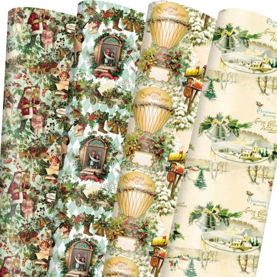 Vnaaem Vintage Christmas Wrapping Paper Retro Santa Claus Balloon Bell Gift Wrap Paper Bulk Xmas Folded Flat For Christmas Holiday Party Celebration - 20 X 28Inches Per Sheet(8 Pack) - 復古聖誕綠 - 查看 1