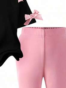 少女数字印花短袖上衣和喇叭裤套装 - 黑色 - 查看 5