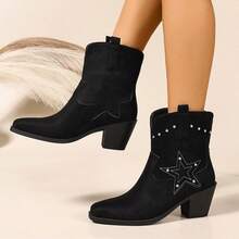 Black Embroidered Rivet Mid-Heel Square Toe Chelsea Boots, New Elegant Versatile Vacation Fashion Women Ankle Boots - Black - View 1