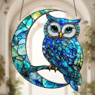 7-färgad väggbonad med uggla, halvmåne, akryl - 20 x 18 cm färgglad djurdekor i glasstil, lämplig för hem, kontor, trädgård, veranda - väggkonst och biltillbehör, idealisk inflyttningspresent, uggleheminredning, katt, fönsterdekoration