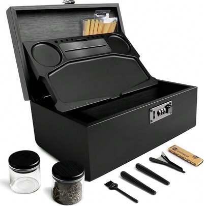 Extra Large Bamboo Stash Box With Combination Lock, Smell Proof Tube & Jar, Storage Containers With Brush & Tray, Great Home Decor & Father's Day Gift