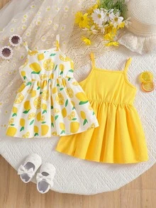 2pcs/Set Newborn Baby Girls' Printed Matching Solid Color Strap Dress Outfit, Suitable For Vacation And Travel - Yellow - View 2