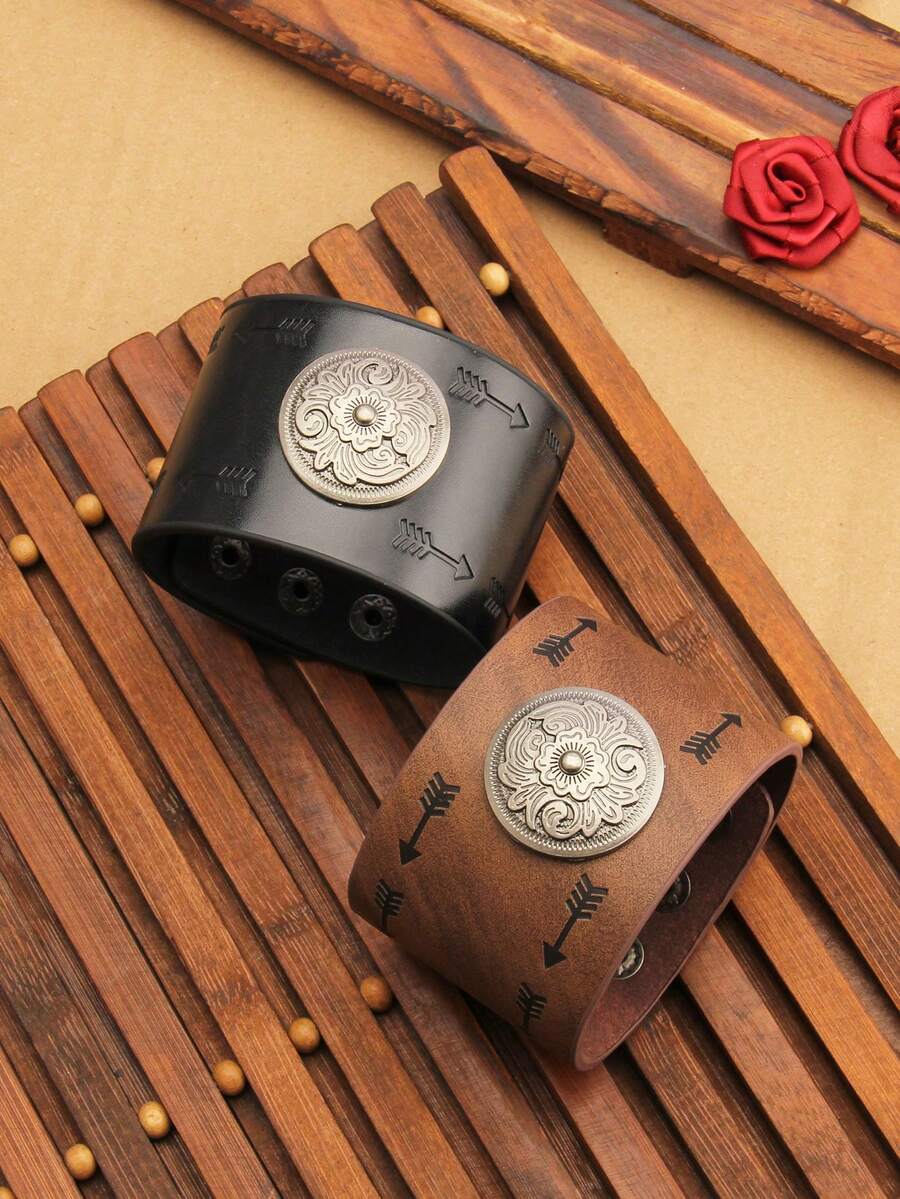 1件朋克风圆形压纹箭头男女通用情侣手镯，时尚个性嘻哈皮革可调节手镯，适合舞台、街头、万圣节派对配饰 - 手鐲 - 查看 1