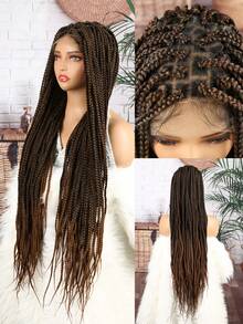 Full Lace Wig 32inch Long Box Braids Wigs For Black Women Daily Used Full Lace Knotless Box Cornrow Braids Lace Frontal Wig For Women Synthetic Black Hand Embroidery Full Double Lace Braid Wig With Baby Hair Long Straight Natural Black Mix Brown Heat Resistant Synthetic Hair Braided Wig For Christmas New Year Carnival Music Festival - Multicolor - View 8