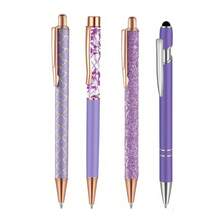 8pcs/Set Metal Crystal Diamond Glitter Ballpoint Pen Set, Black Ink, Women's Birthday Gift, Elegant Stationery, Home/Office Desk Supplies, Purple - Purple - View 6