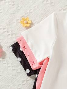 3件套女童休闲波点蝴蝶结印花短袖上衣，带3D蝴蝶结装饰，夏季 - 彩色 - 查看 4