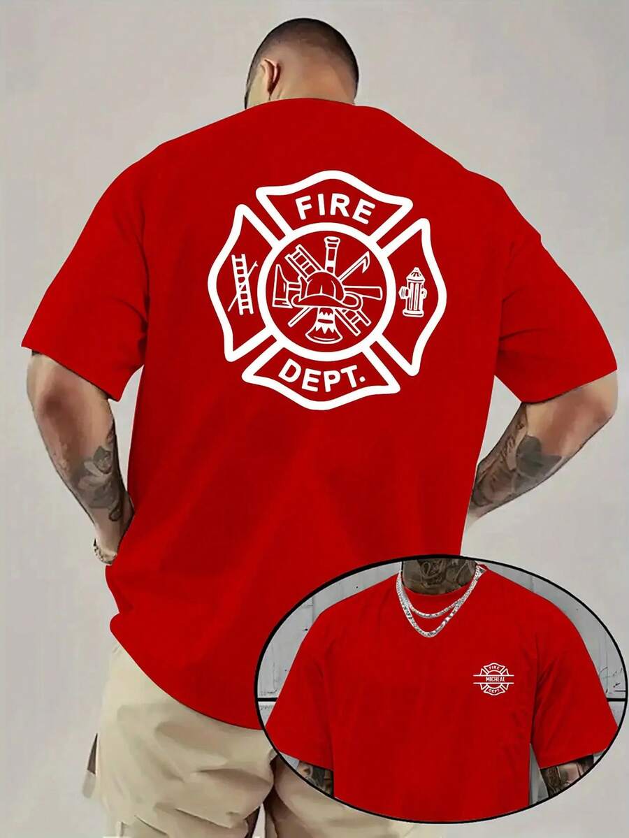 [Sporty T-Shirt]Men's Casual Fire Department Pattern T-Shirt- Bold Firefighter Print On Front And Back, Breathable Summer Short Sleeve Top, Regular Fit Round Neck, Machine Washable, Ideal Gift For Daily Comfort, Soft Texture, Printed Shirt, Adult Clothing, PLUS SIZERelaxed Plus Size T-Shirt - Đỏ - Xem 1