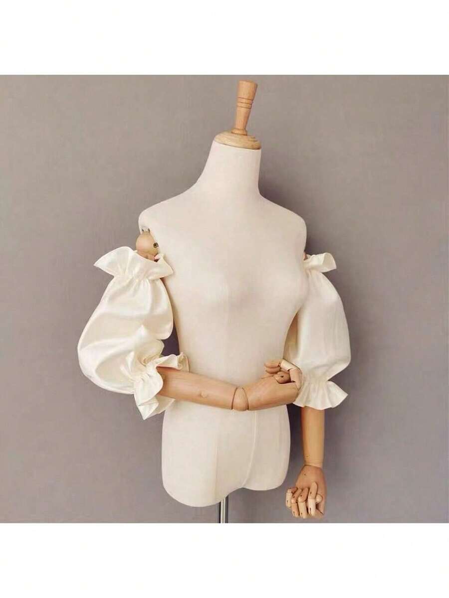 1 Pair White Short Satin Puff Sleeve Bridal Arm Warmers With Elastic - Multicolor - View 1