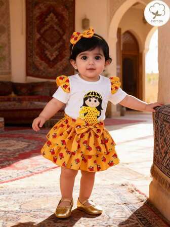 Baby Mädchen Ramadan Outfit, Rundhals Trompetenärmel Puppen Muster Top und elastische Taille Doppelschicht Schleife Rock mit Stirnband Set, geeignet für Ramadan