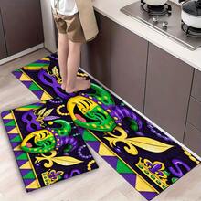 Mardi Gras Kitchen Mat - Colorful Jester Mask & Fleur-De-Lis Pattern, Purple Beads & Triangular Design, Non-Slip Washable Floor Mat For Kitchen Countertop Area, Fits White Tiled Floors - Idea - Multicolor - View 1