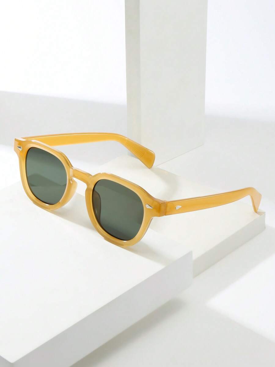 1 pieza Gafas decorativas minimalistas de moda de alta calidad con montura redonda retro unisex - Marco amarillo con parche verde - Ver 1