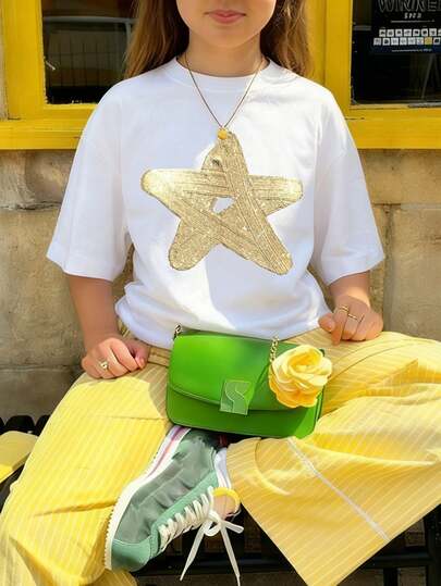 1 pieza Camiseta de manga corta con estampado de estrellas para niñas preadolescentes, top casual de verano para estudiantes jóvenes, adecuado para usar en capas o solo en primavera/verano