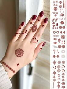 3张海娜临时纹身贴纸，红色曼陀罗图案，防水海娜纹身贴纸，曼陀罗手部纹身，适用于节日、斋月装饰、女士化妆、新娘婚礼、情人节、斋月配饰 - 棕色 - 查看 9