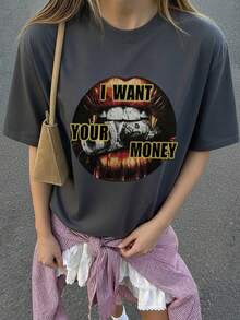 Camiseta de manga corta de cuello redondo con estampado de labios y eslogan, nueva para primavera/verano, de uso casual, versátil y esencial para el uso diario y las vacaciones - Gris Oscuro - Ver 3