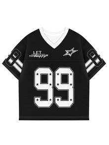 A Street Style Women's American Football Fashion Top With High-Definition Patterns, Mesh Ventilation, Semi-Transparent Design, Comfortable To Wear, Extremely Loose Fit, Top, Jersey - Black - View 3