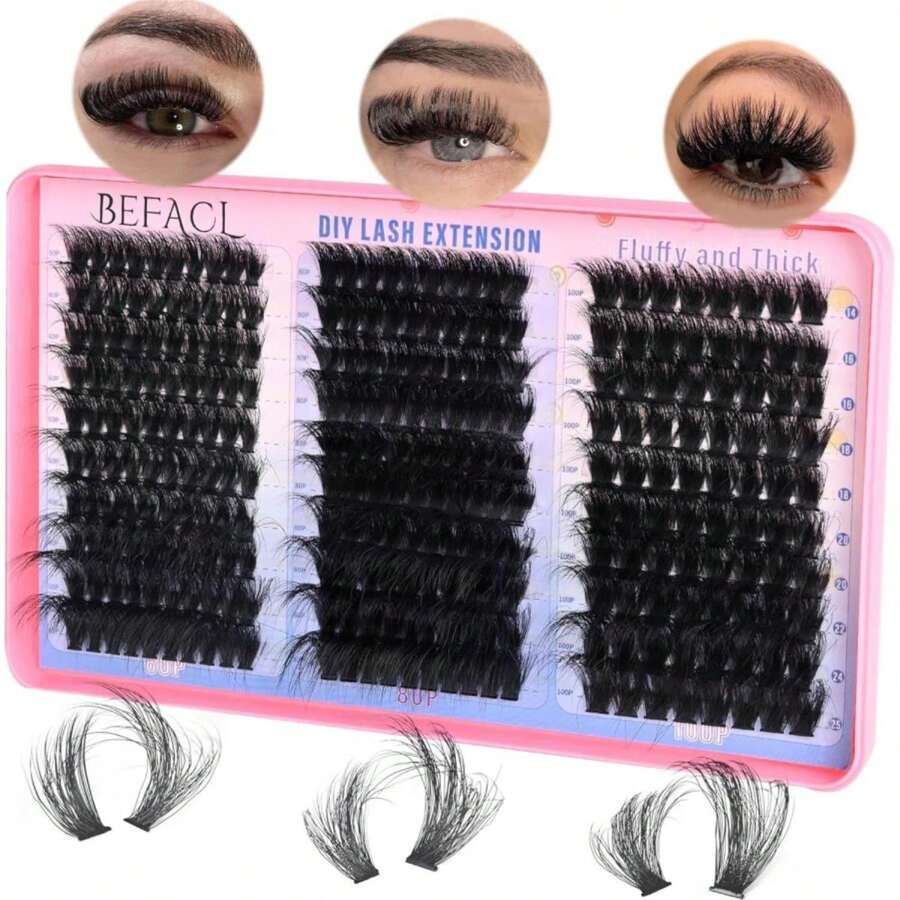 Lash Clusters Fluffy Individual Lashes D Curl Cluster Eyelash Extensions 14-25mm DIY Lash Extension Thick False Eyelashes Cluster Matte Black DIY Lashes Extension At Home (280pcs-60P+80P+100P) - ColorC - 查看 1