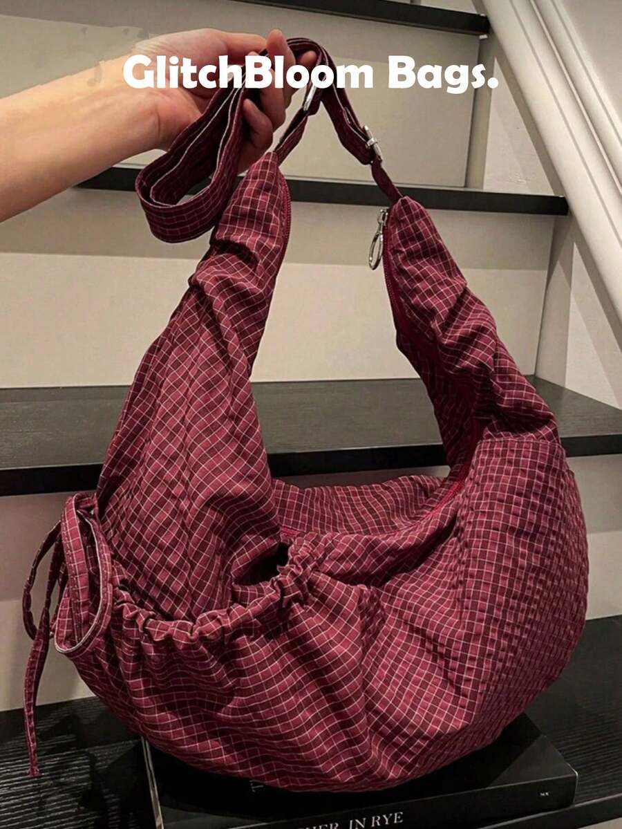 Fashionable Plaid Drawstring Dumpling Bag, Versatile High-End Design, Suitable For Daily Commute And Shoulder/Crossbody Wear