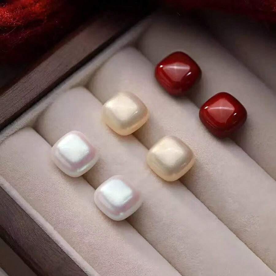 1 Đôi bông tai vuông đính đá kiểu Pháp cổ điển, thanh lịch dành cho nữ, bông tai vuông đính ngọc trai giả mới năm 2026, bông tai sang trọng mùa thu/đông. - Nhiều màu - Xem 1