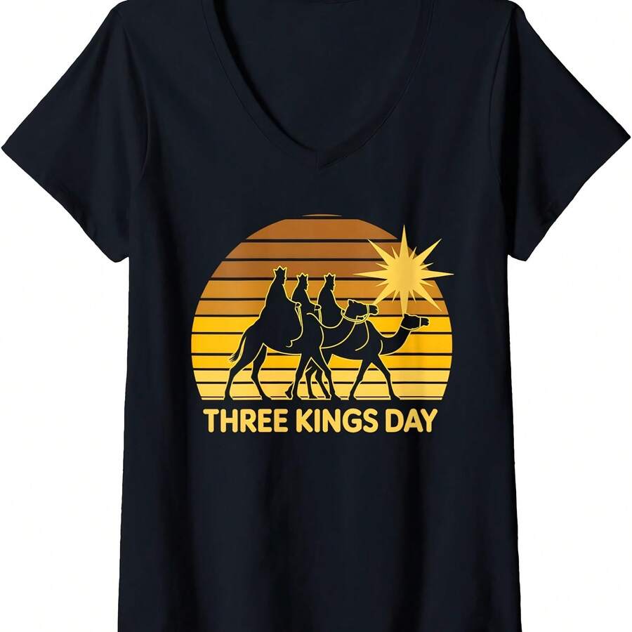 Womens Epiphany Day Vintage Christian Retro Sunset Dia De Reyes V-Neck T-Shirt - 款式7 - 查看 1