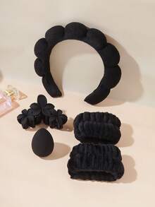 5pcs Women's Velvet Headband Wash Set, Includes Sponge Spa Headband For Face Washing, Wristband, Large Flower Hair Clip, Fluffy Makeup Cleansing, Mask & Skincare/Haircare Accessories, Comes In Elegant Gift Box For Party Or Daily Use - Multicolor - View 4