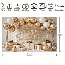 1 Piece Of Elegant Gold And White Balloon Backdrop With Fluid "Happy Birthday" Text, Suitable For Home And Room Decoration, Photography Background, Cake Table Decoration, Family Event Decoration, And Birthday Party Supplies, Adding Festive Atmosphere To Events. - Multicolor - View 9