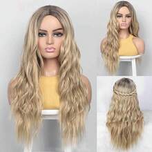 Peluca rubia ombre con raíces oscuras, ondulada natural, larga, rizada, peluca sintética para mujeres, cosplay,, uso diario - Azul índigo - Ver 4