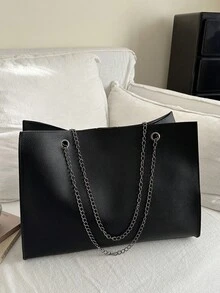 1pc Women's Solid Color Embroidered Soft Fabric Large Capacity Chain Strap Snap Closure Office/School Shoulder Briefcase