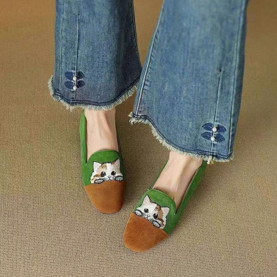 2025 Primavera Verano Nuevos Mocasines Bordados de Gato para Mujeres Simples Zapatos Planos Cómodos para Exteriores - Verde - Ver 1