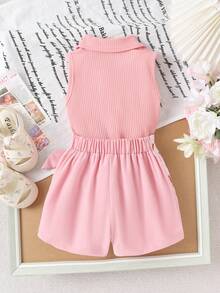 2件套女婴优雅柔软polo领背心+裙裤套装，夏季商务休闲装 - 粉色 - 查看 2