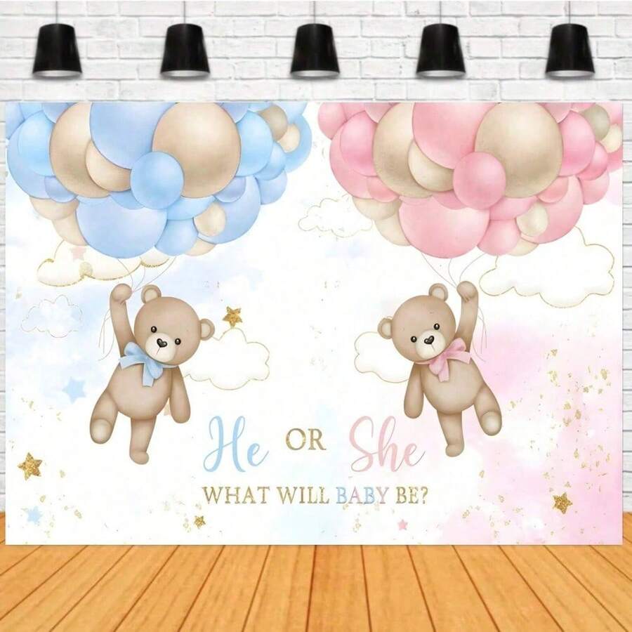 1pc Gender Reveal Backdrop, Boy/Girl Family Party Photography Background, Blue Or Pink Bear Banner Prop - Multicolor - View 1