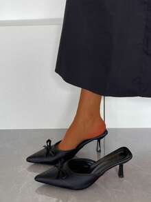 Fashionabla spetsiga tåsandaler med rosett, höga klackar för kvinnor, bekväma mångsidiga sandaler med stängd tå och rygglösa ryggar - Svart - Visa 4