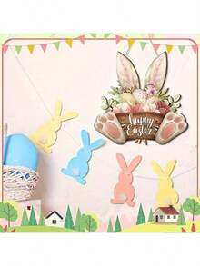 1件复活节彩蛋兔子木质门牌装饰花卉挂牌 - 彩色 - 查看 3