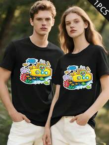 Camiseta Partner con estampado de submarino, tejido de alta calidad, ajuste cómodo, estilo casual, estampado gráfico único. - HombresNegro-1PC - Ver 2