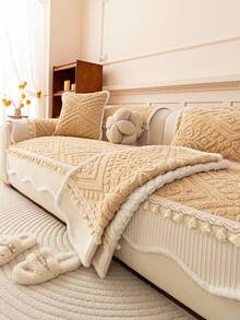 1件加厚绒面沙发套，提花秋冬沙发垫，不规则流苏饰边设计，保暖柔软，宠物友好，防污防刮，四季皆宜，适用于1/2/3/4人沙发 - 淡黃色 - 查看 3